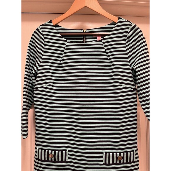 Lilly Pulitzer Charlene Navy Aqua Blue Stripes Dress Gold Buttons Sz M Jackie-O - Picture 5 of 16